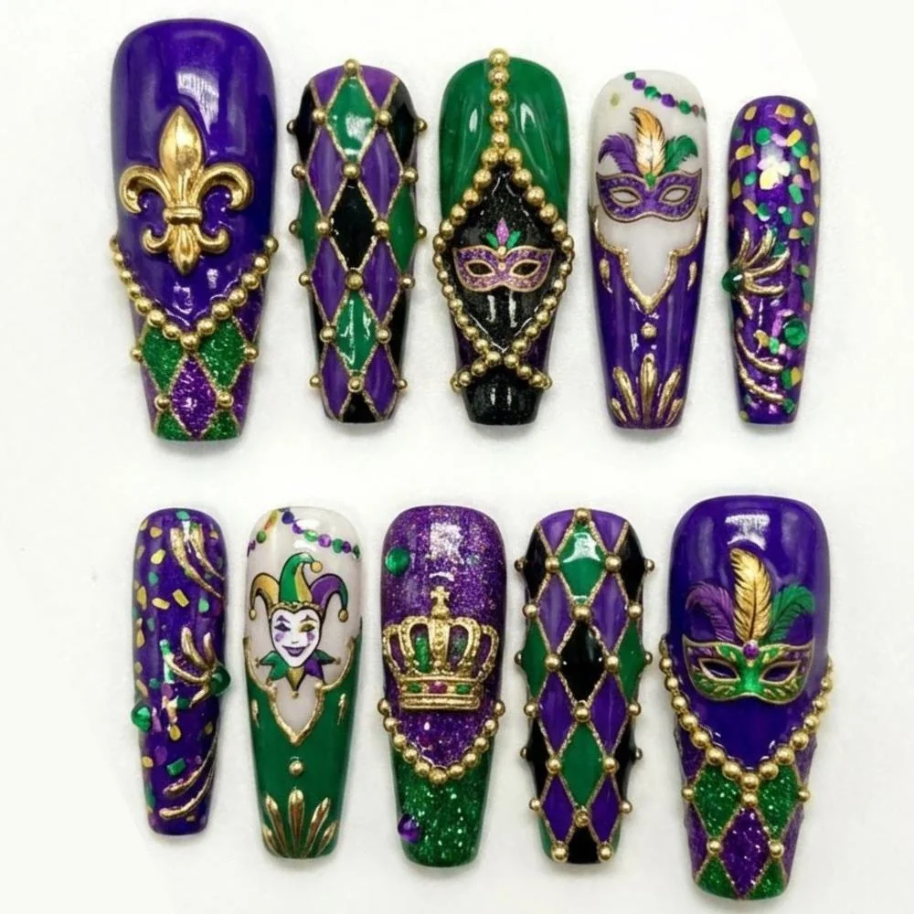 3d jester nails, fleur-de-lis nails, press on nails, custom press on nails, fake nails, Nails Art, stained glass nails, gold press on nails, 3d press on nails, luxury press on nails, handmade press on nails