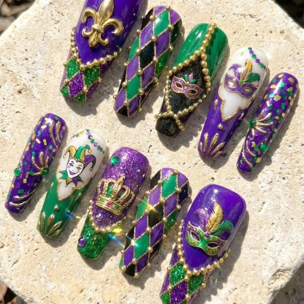 jester design nails, mardi gras manicure, press on nails, custom press on nails, fake nails, Nails Art, stained glass nails, gold press on nails, 3d press on nails, luxury press on nails, handmade press on nails