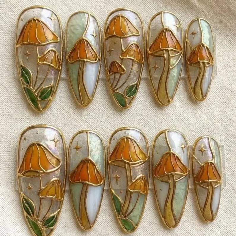 hand painted nails, mushroom press on, press on nails, custom press on nails, fake nails, Nails Art, stained glass nails, gold press on nails, 3d press on nails, luxury press on nails, handmade press on nails