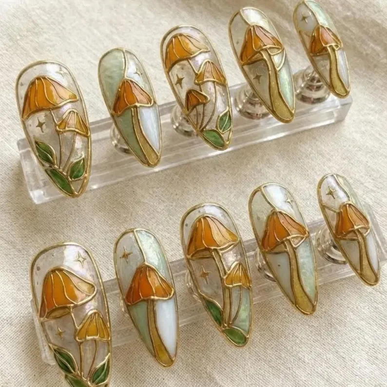 gold accent, mushroom nail art, press on nails, custom press on nails, fake nails, Nails Art, stained glass nails, gold press on nails, 3d press on nails, luxury press on nails, handmade press on nails