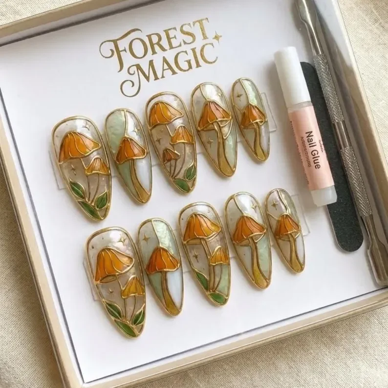 hand painted nails, mushroom press on, press on nails, custom press on nails, fake nails, Nails Art, stained glass nails, gold press on nails, 3d press on nails, luxury press on nails, handmade press on nails