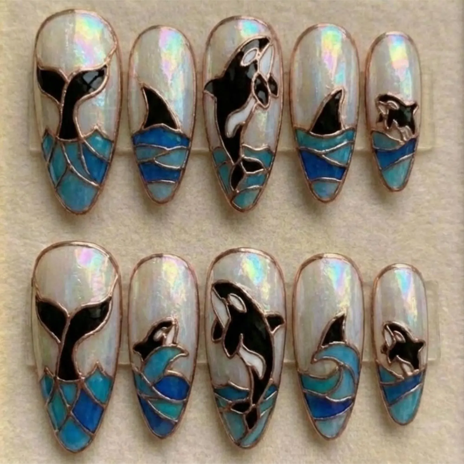 luxury killer whale, reusable ocean nails, press on nails, custom press on nails, fake nails, Nails Art, stained glass nails, gold press on nails, 3d press on nails, luxury press on nails, handmade press on nails