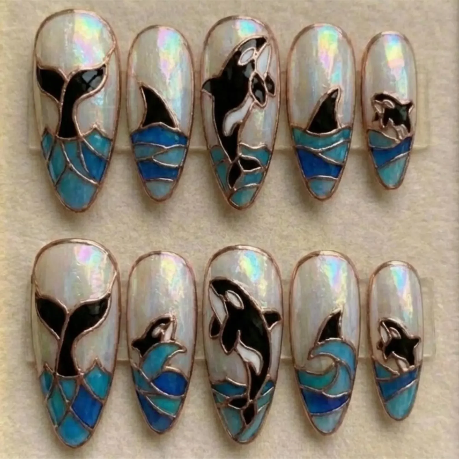 hand-painted orca nails, stained glass press ons, press on nails, custom press on nails, fake nails, Nails Art, stained glass nails, gold press on nails, 3d press on nails, luxury press on nails, handmade press on nails