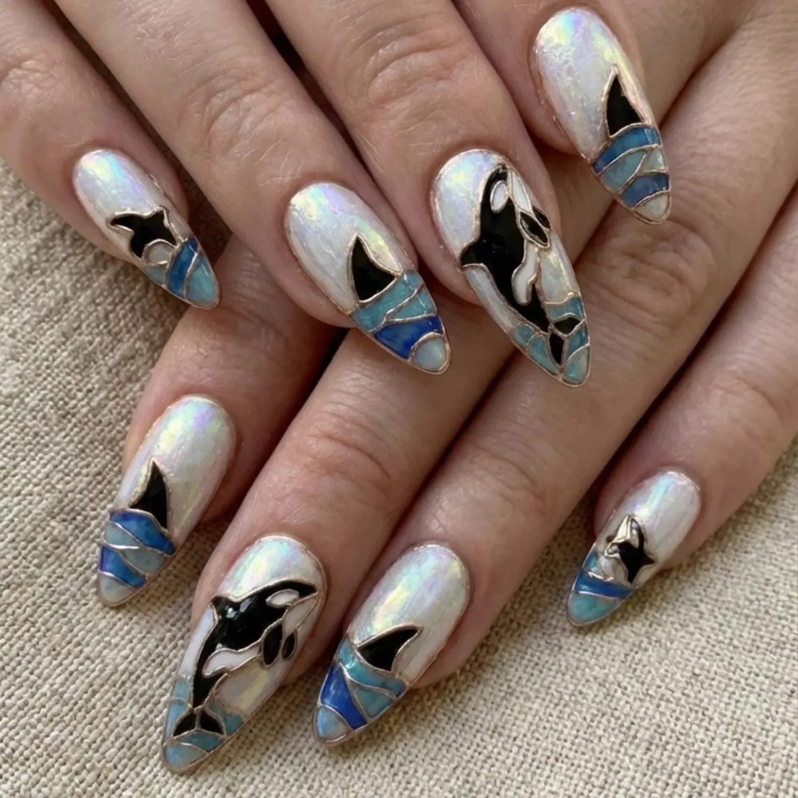 luxury killer whale, reusable ocean nails, press on nails, custom press on nails, fake nails, Nails Art, stained glass nails, gold press on nails, 3d press on nails, luxury press on nails, handmade press on nails