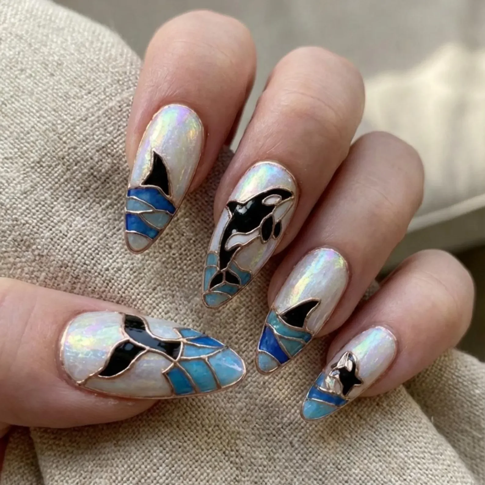 killer whale art, press on nails, custom press on nails, fake nails, Nails Art, stained glass nails, gold press on nails, 3d press on nails, luxury press on nails, handmade press on nails