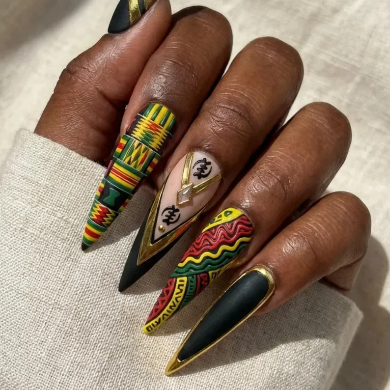 Hand-Painted Press On Nails, Pan-African Pride Nails, press on nails, custom press on nails, fake nails, Nails Art, stained glass nails, gold press on nails, 3d press on nails, luxury press on nails, handmade press on nails