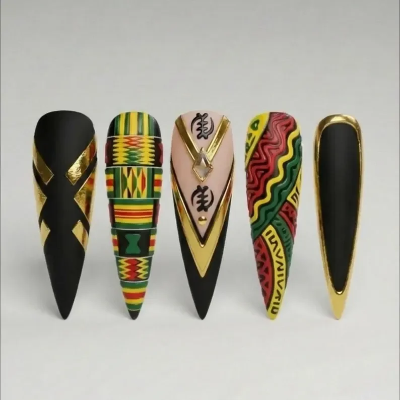 Black History Month Nails, 3D Gold Adinkra, press on nails, custom press on nails, fake nails, Nails Art, stained glass nails, gold press on nails, 3d press on nails, luxury press on nails, handmade press on nails