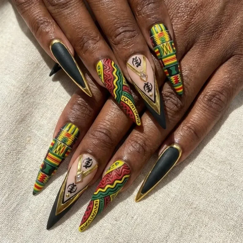 Kente Art Nails, Gold Adinkra Design, press on nails, custom press on nails, fake nails, Nails Art, stained glass nails, gold press on nails, 3d press on nails, luxury press on nails, handmade press on nails