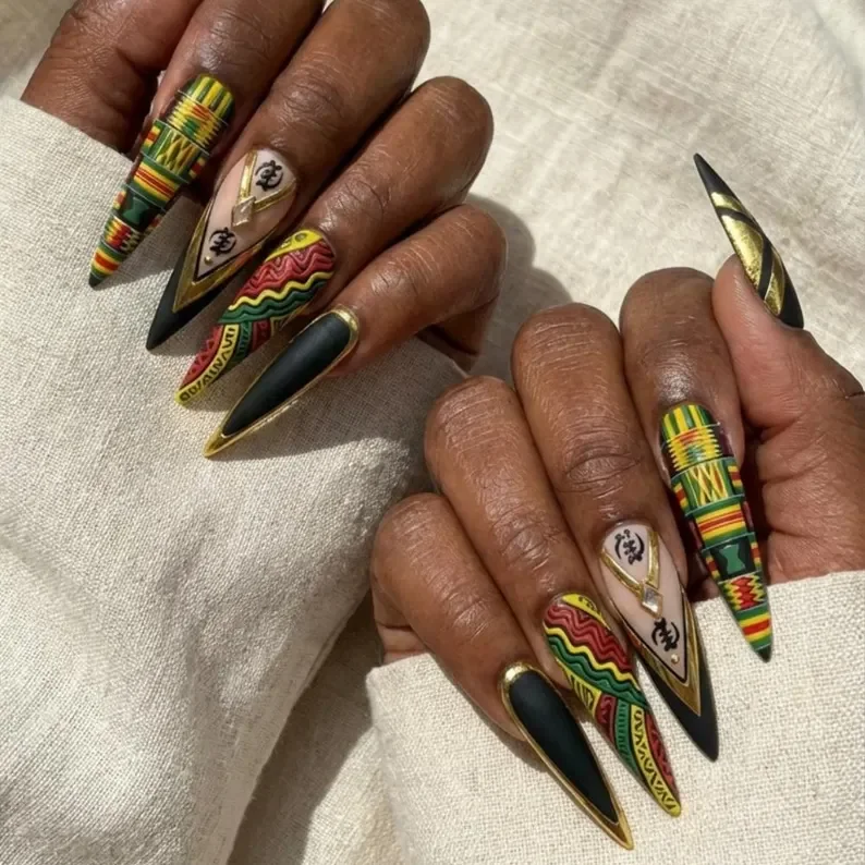 Kente Pattern Nails, Press On Nail Set, press on nails, custom press on nails, fake nails, Nails Art, stained glass nails, gold press on nails, 3d press on nails, luxury press on nails, handmade press on nails