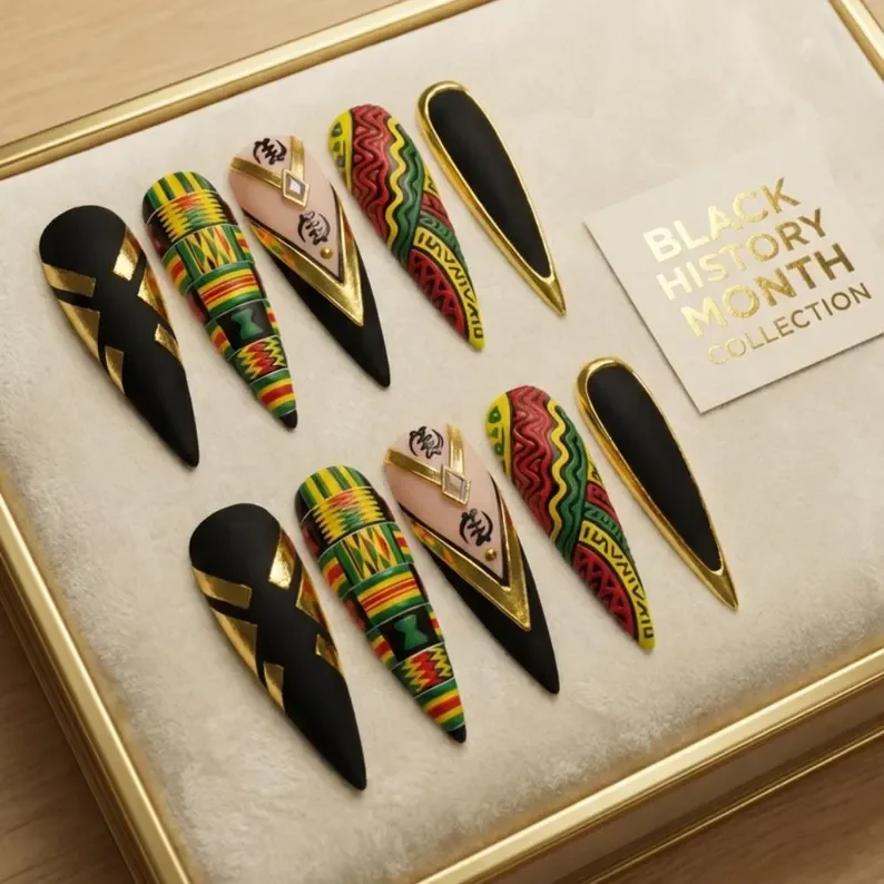 Hand-Painted Press On Nails, Pan-African Pride Nails, press on nails, custom press on nails, fake nails, Nails Art, stained glass nails, gold press on nails, 3d press on nails, luxury press on nails, handmade press on nails