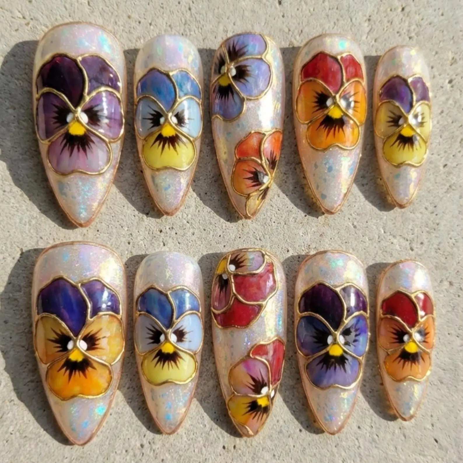 hand painted nails, pansy press on, press on nails, custom press on nails, fake nails, Nails Art, stained glass nails, gold press on nails, 3d press on nails, luxury press on nails, handmade press on nails