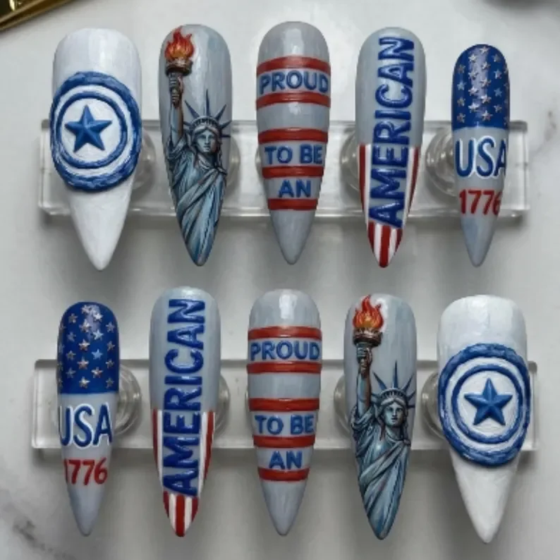 hand-painted patriotic nails, 3D press on nails, press on nails, custom press on nails, fake nails, Nails Art, stained glass nails, gold press on nails, 3d press on nails, luxury press on nails, handmade press on nails
