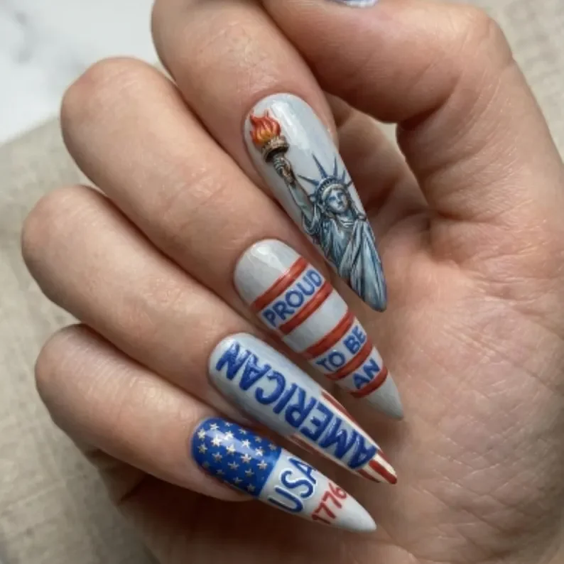 Statue of Liberty nails, Captain America nails, press on nails, custom press on nails, fake nails, Nails Art, stained glass nails, gold press on nails, 3d press on nails, luxury press on nails, handmade press on nails