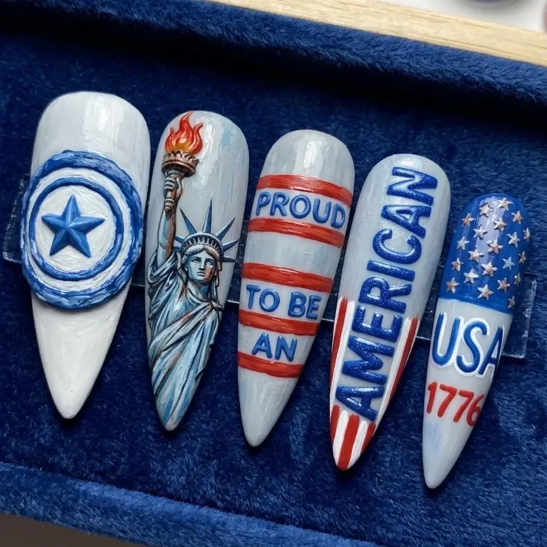 hand-painted patriotic nails, 3D press on nails, press on nails, custom press on nails, fake nails, Nails Art, stained glass nails, gold press on nails, 3d press on nails, luxury press on nails, handmade press on nails