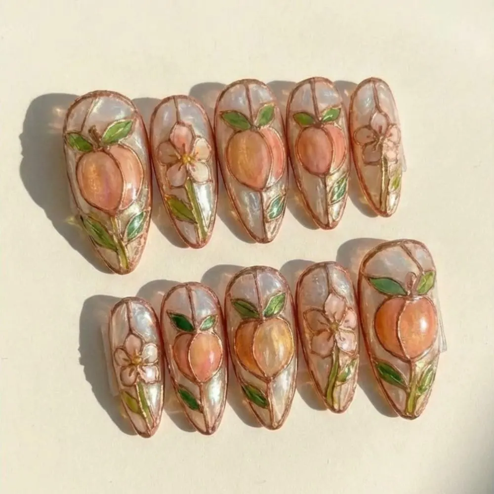 floral press on nails, hand-painted peach nails, press on nails, custom press on nails, fake nails, Nails Art, stained glass nails, gold press on nails, 3d press on nails, luxury press on nails, handmade press on nails