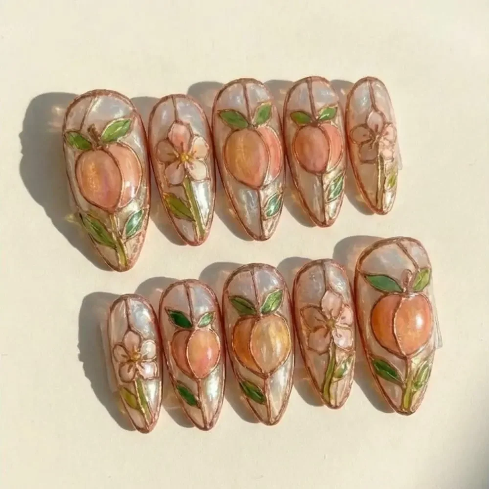 hand-painted peach nails, stained glass nails, press on nails, custom press on nails, fake nails, Nails Art, gold press on nails, 3d press on nails, luxury press on nails, handmade press on nails