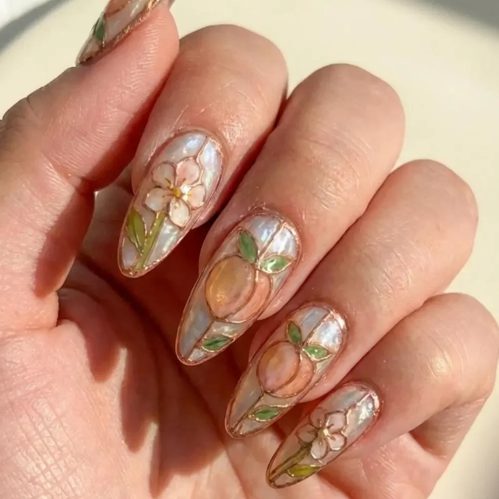 gold floral nails, reusable fake nails, press on nails, custom press on nails, fake nails, Nails Art, stained glass nails, gold press on nails, 3d press on nails, luxury press on nails, handmade press on nails