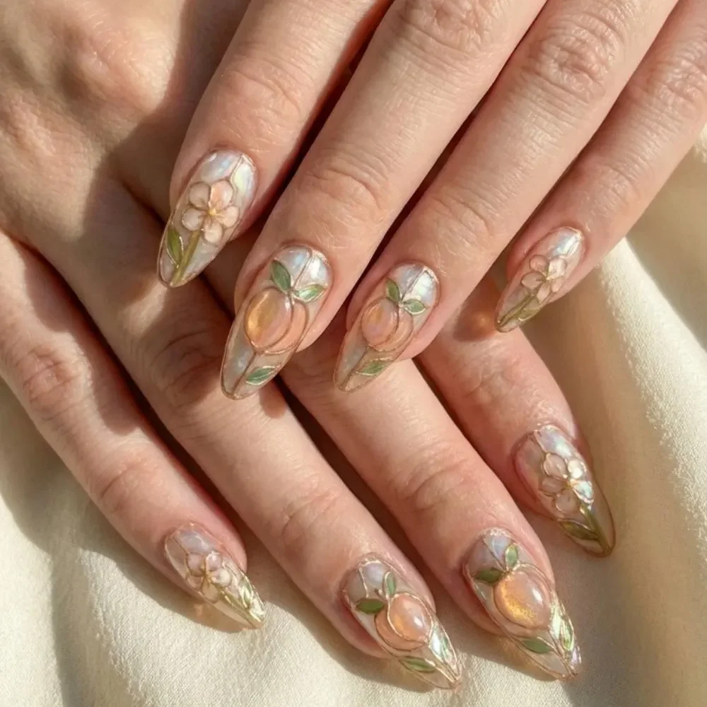 luxury fake nails, peach stained glass, press on nails, custom press on nails, fake nails, Nails Art, stained glass nails, gold press on nails, 3d press on nails, luxury press on nails, handmade press on nails