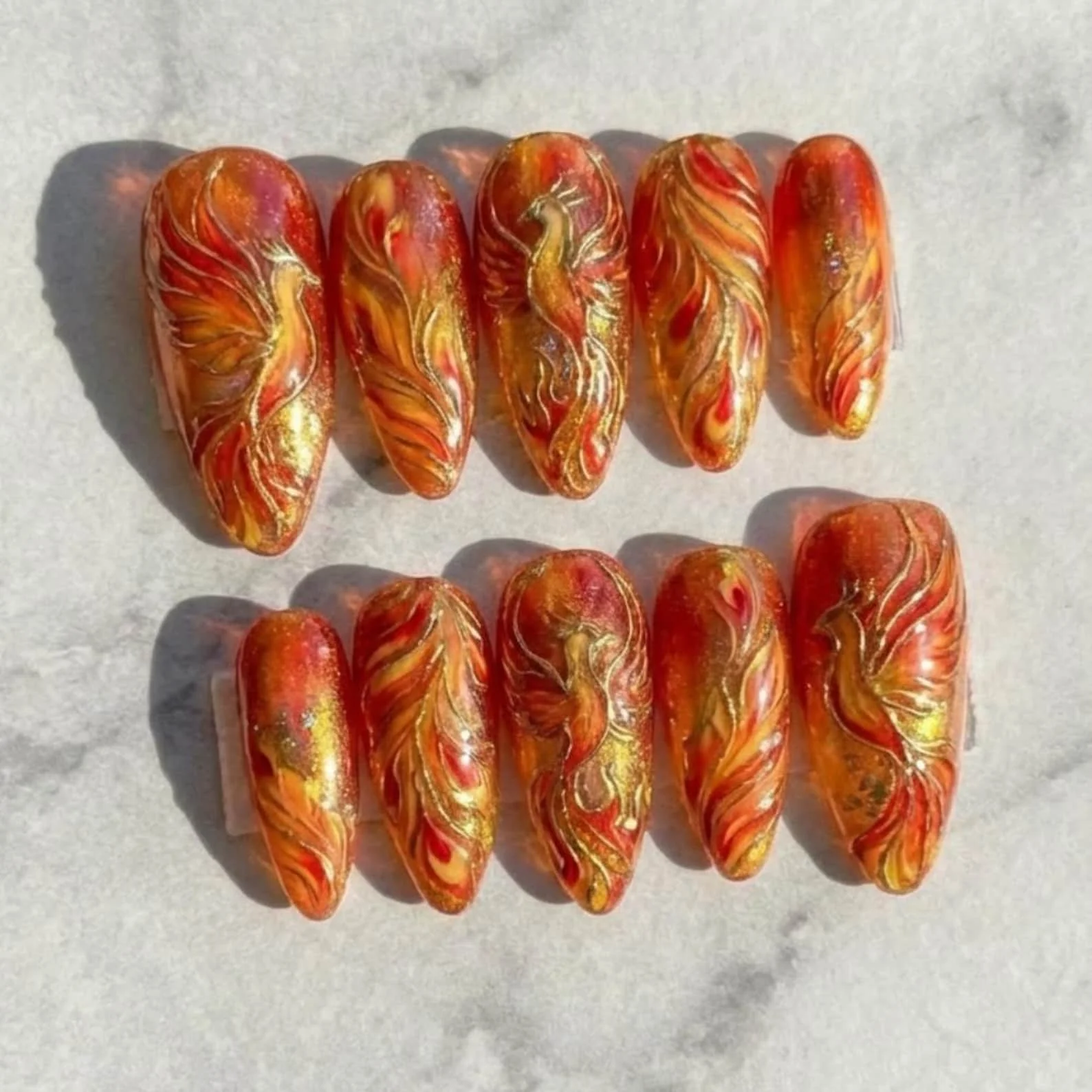 hand-painted press on nails, phoenix nail art, press on nails, custom press on nails, fake nails, Nails Art, stained glass nails, gold press on nails, 3d press on nails, luxury press on nails, handmade press on nails
