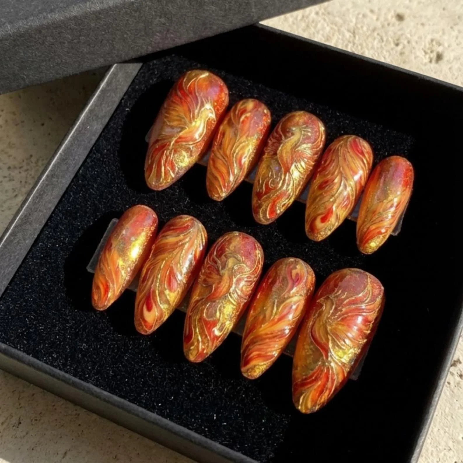 red gold nails, flame nail design, press on nails, custom press on nails, fake nails, Nails Art, stained glass nails, gold press on nails, 3d press on nails, luxury press on nails, handmade press on nails