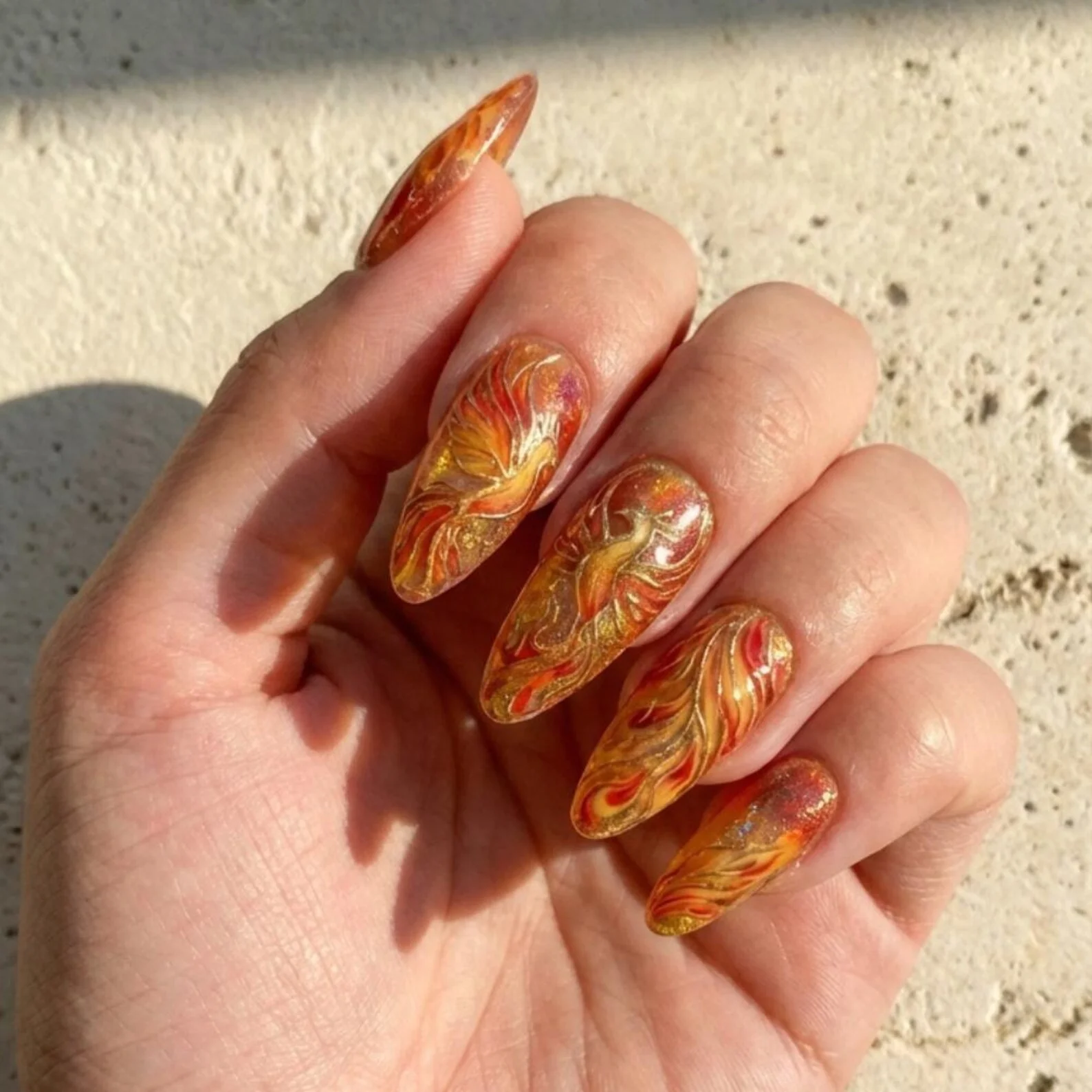 gold flame nails, phoenix press ons, press on nails, custom press on nails, fake nails, Nails Art, stained glass nails, gold press on nails, 3d press on nails, luxury press on nails, handmade press on nails