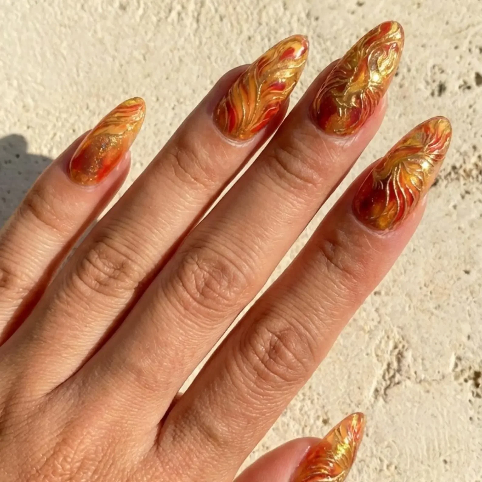 hand painted nails, red gold flame, press on nails, custom press on nails, fake nails, Nails Art, stained glass nails, gold press on nails, 3d press on nails, luxury press on nails, handmade press on nails