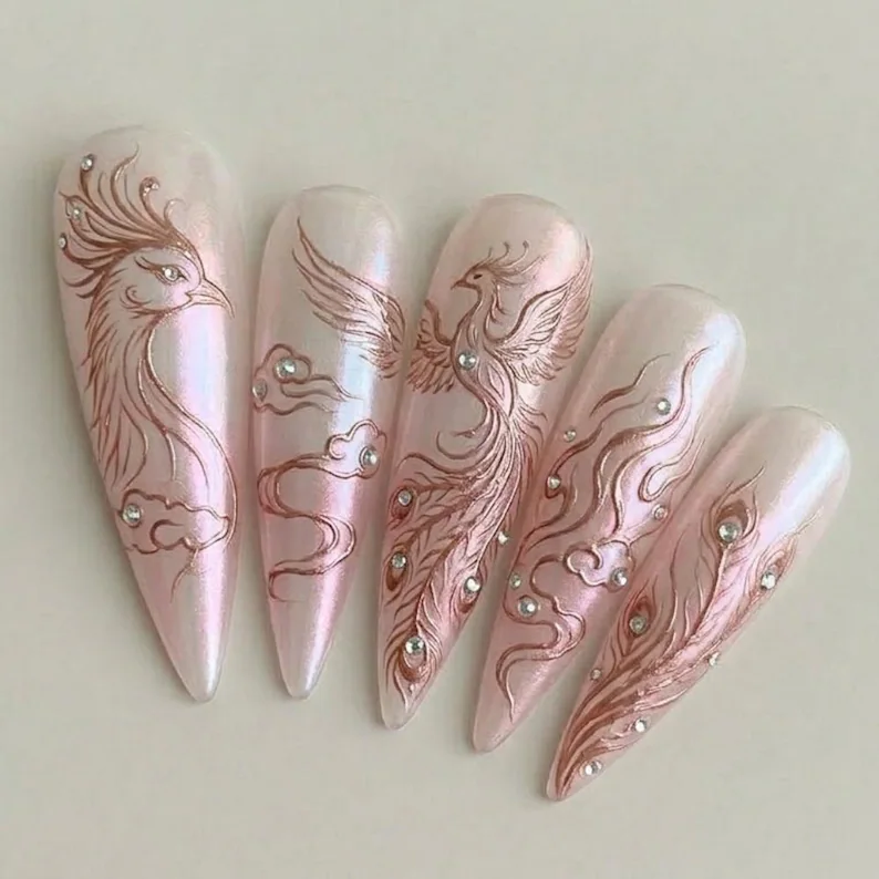 hand-painted press on nails, phoenix nail art, press on nails, custom press on nails, fake nails, Nails Art, stained glass nails, gold press on nails, 3d press on nails, luxury press on nails, handmade press on nails