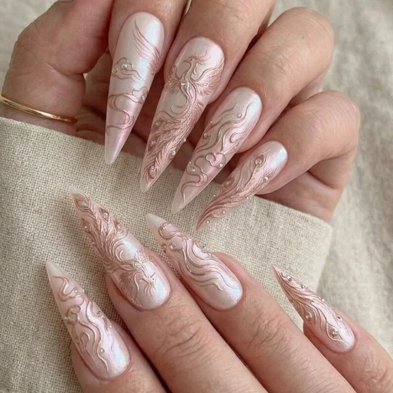 rose gold nails, iridescent pearl, press on nails, custom press on nails, fake nails, Nails Art, stained glass nails, gold press on nails, 3d press on nails, luxury press on nails, handmade press on nails