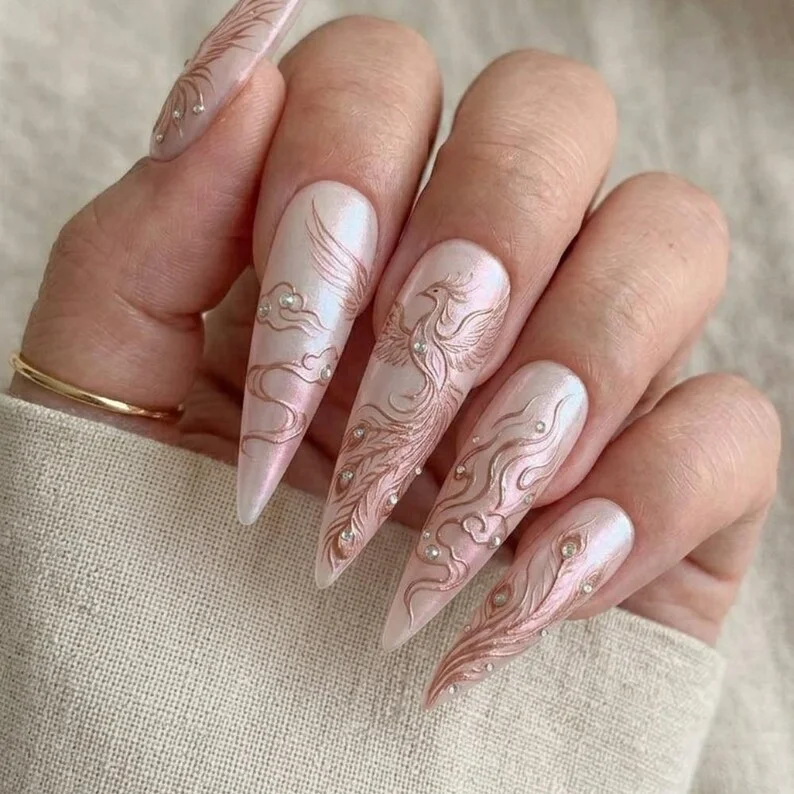 mythical bird design, press on nails, custom press on nails, fake nails, Nails Art, stained glass nails, gold press on nails, 3d press on nails, luxury press on nails, handmade press on nails