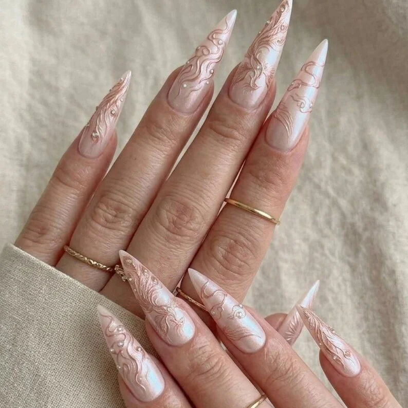 rose gold iridescent, phoenix themed nails, press on nails, custom press on nails, fake nails, Nails Art, stained glass nails, gold press on nails, 3d press on nails, luxury press on nails, handmade press on nails