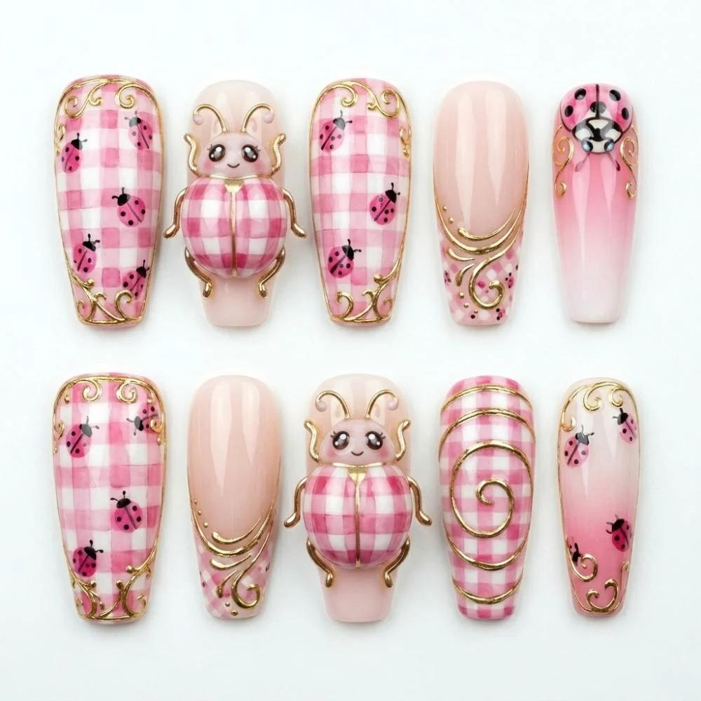 hand-painted pink, gingham ladybug, press on nails, custom press on nails, fake nails, Nails Art, stained glass nails, gold press on nails, 3d press on nails, luxury press on nails, handmade press on nails