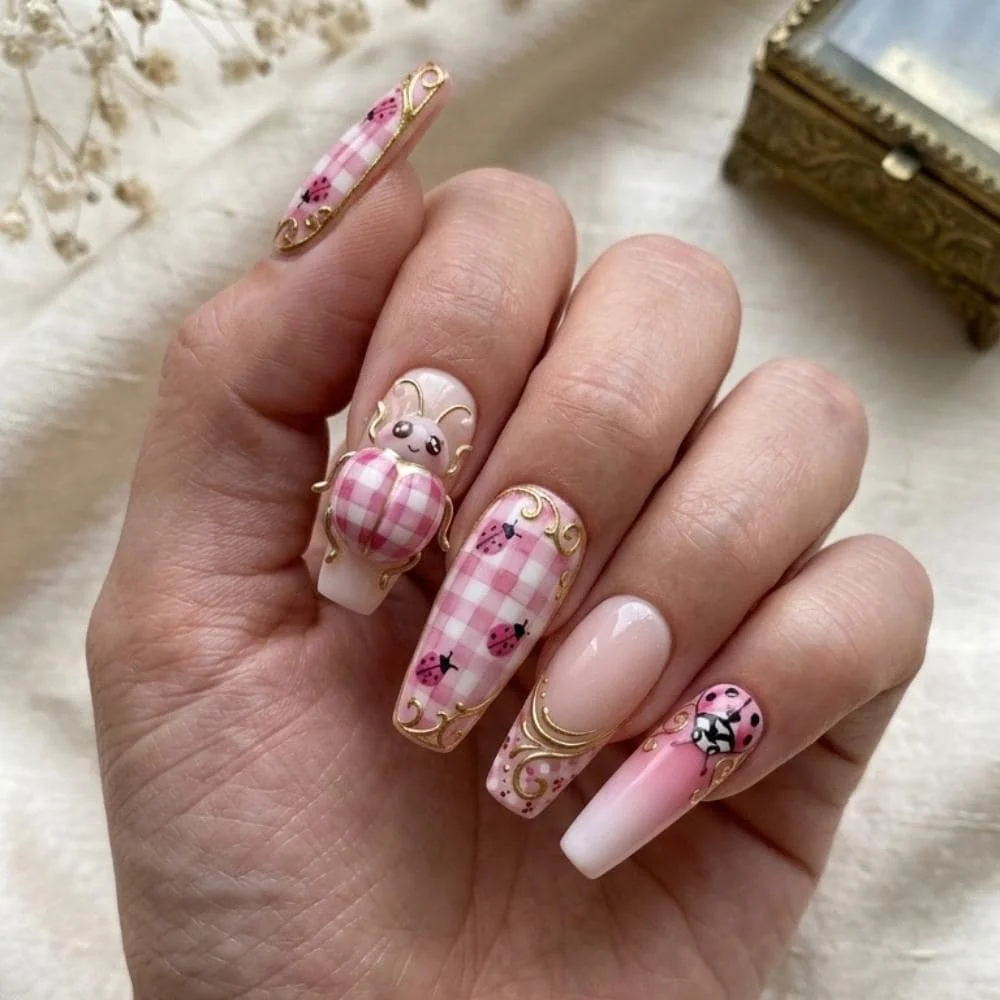 ladybug nails, pink gingham, press on nails, custom press on nails, fake nails, Nails Art, stained glass nails, gold press on nails, 3d press on nails, luxury press on nails, handmade press on nails