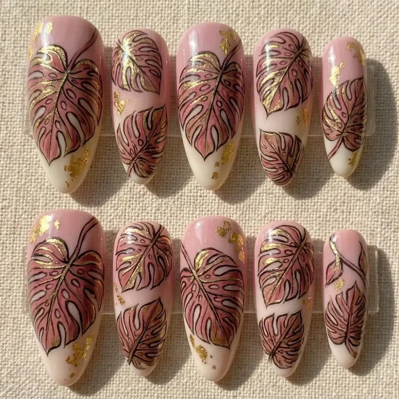 hand-painted pink, monstera leaf, press on nails, custom press on nails, fake nails, Nails Art, stained glass nails, gold press on nails, 3d press on nails, luxury press on nails, handmade press on nails