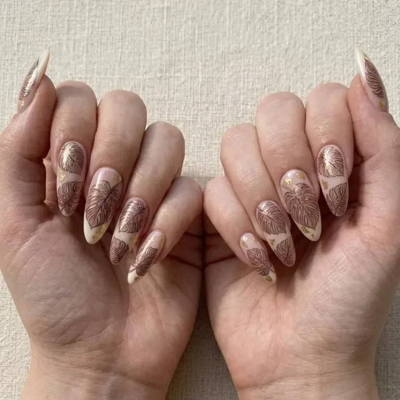 tropical almond, fake nails, press on nails, custom press on nails, Nails Art, stained glass nails, gold press on nails, 3d press on nails, luxury press on nails, handmade press on nails