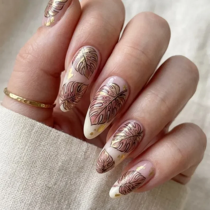 tropical nails, almond shape nails, press on nails, custom press on nails, fake nails, Nails Art, stained glass nails, gold press on nails, 3d press on nails, luxury press on nails, handmade press on nails