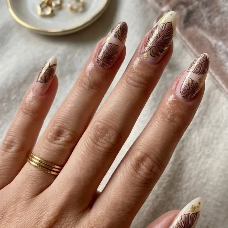 hand-painted pink, monstera leaf, press on nails, custom press on nails, fake nails, Nails Art, stained glass nails, gold press on nails, 3d press on nails, luxury press on nails, handmade press on nails