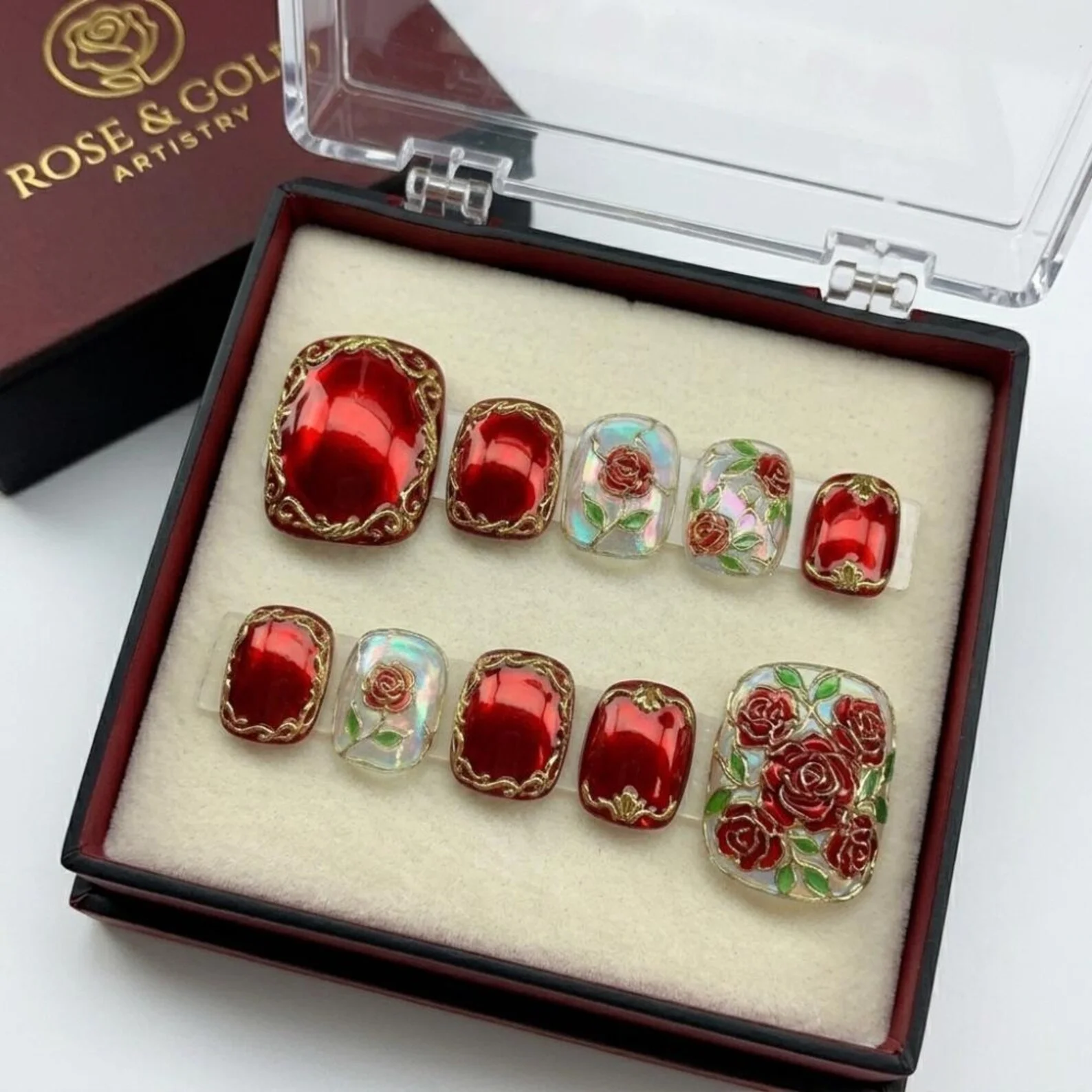 hand-painted pink rose, toe nail art, press on nails, custom press on nails, fake nails, Nails Art, stained glass nails, gold press on nails, 3d press on nails, luxury press on nails, handmade press on nails