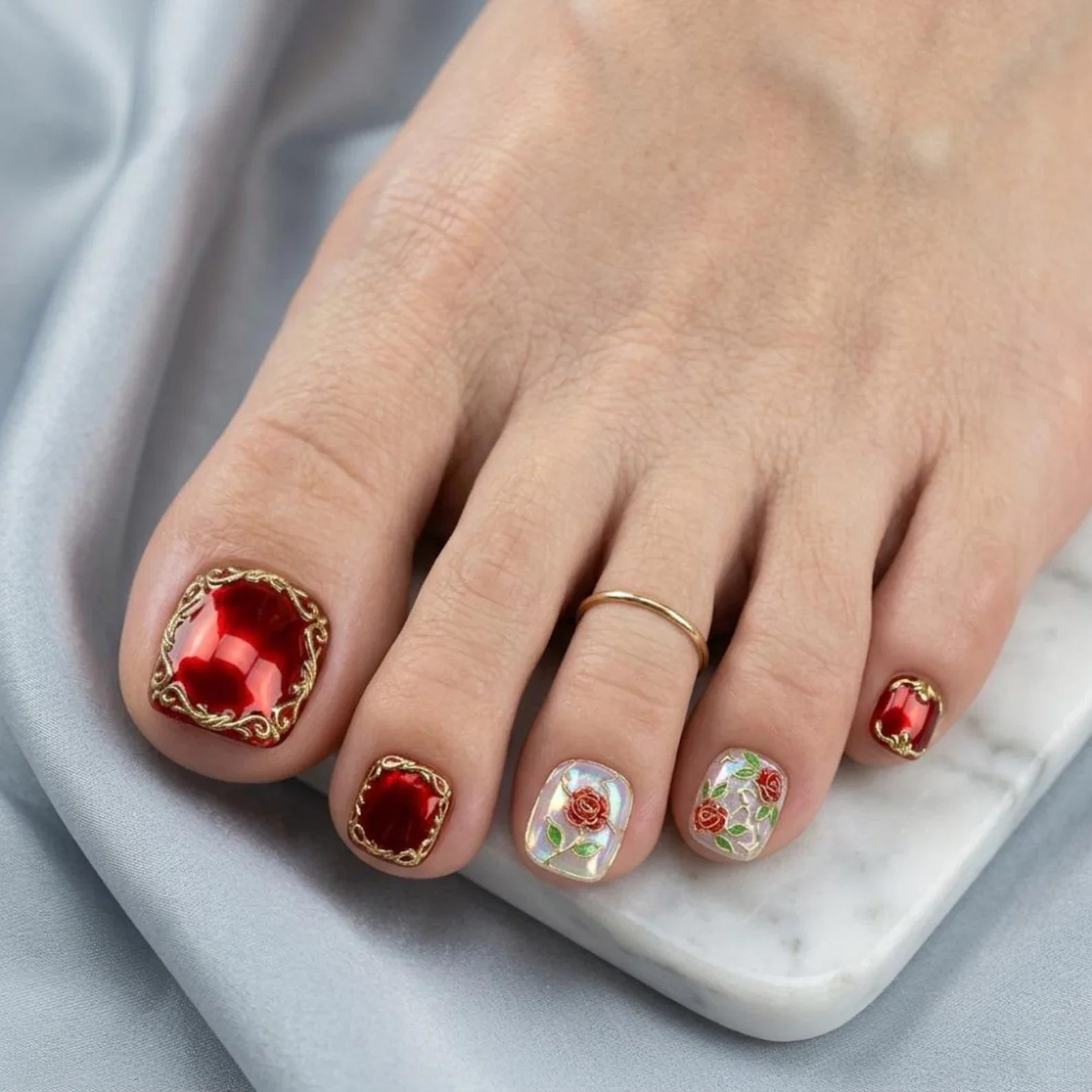 coquette pedicure, rose toe nails, press on nails, custom press on nails, fake nails, Nails Art, stained glass nails, gold press on nails, 3d press on nails, luxury press on nails, handmade press on nails