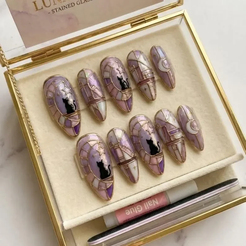 hand painted nails, gothic nail art, press on nails, custom press on nails, fake nails, Nails Art, stained glass nails, gold press on nails, 3d press on nails, luxury press on nails, handmade press on nails