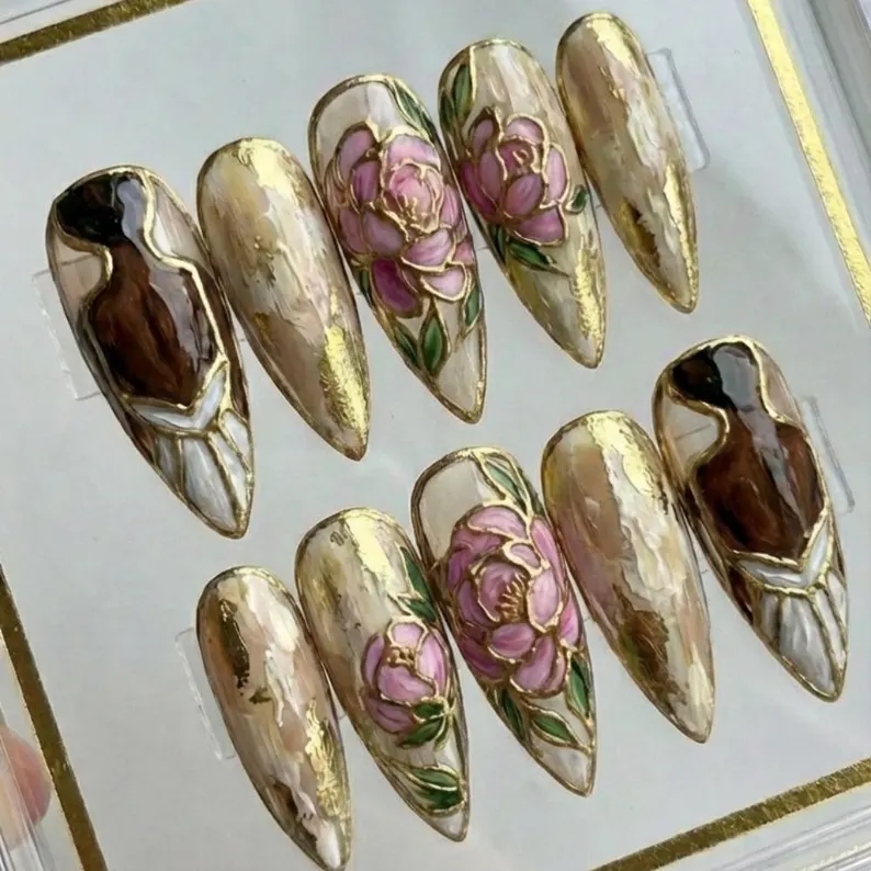 peony nails, gold leaf nails, press on nails, custom press on nails, fake nails, Nails Art, stained glass nails, gold press on nails, 3d press on nails, luxury press on nails, handmade press on nails