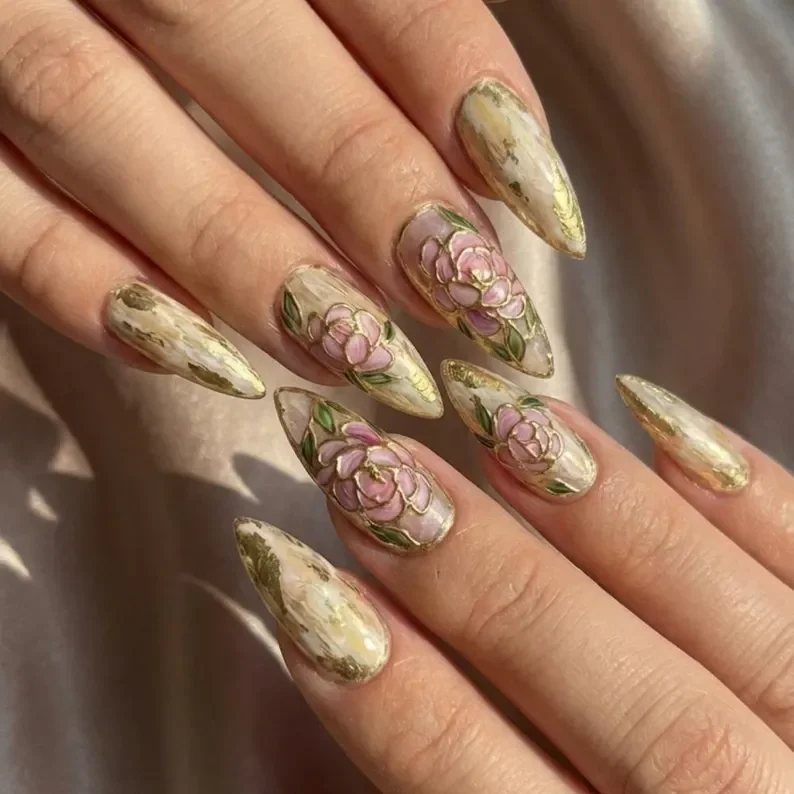 peony and gold, black girl nail art, press on nails, custom press on nails, fake nails, Nails Art, stained glass nails, gold press on nails, 3d press on nails, luxury press on nails, handmade press on nails