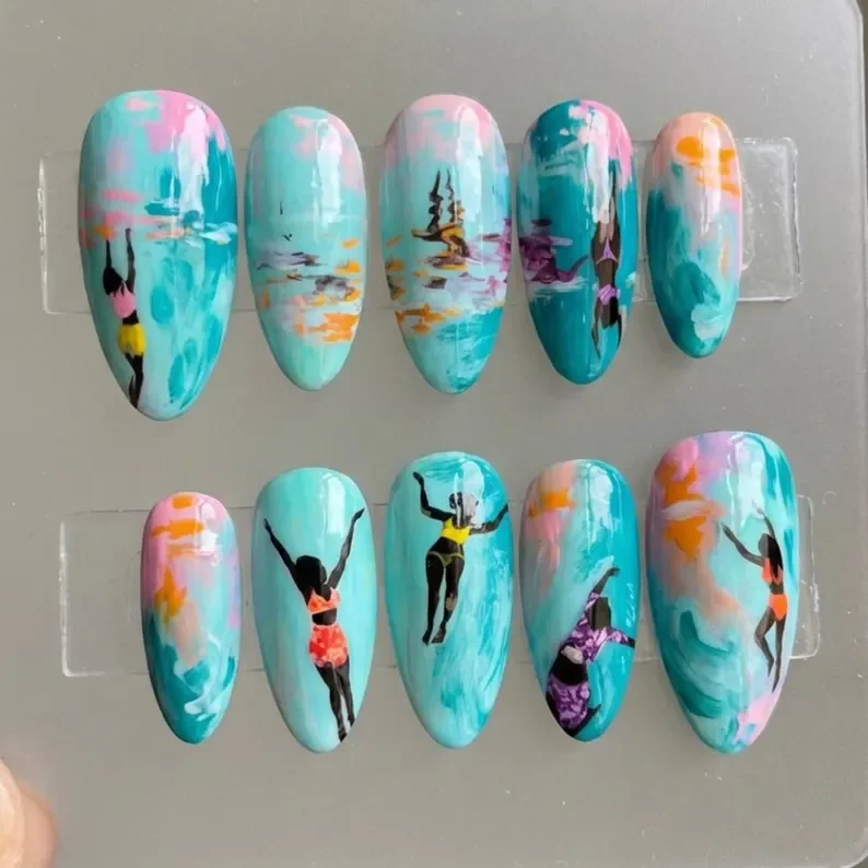 hand-painted press on nails, summer beach nail art, press on nails, custom press on nails, fake nails, Nails Art, stained glass nails, gold press on nails, 3d press on nails, luxury press on nails, handmade press on nails