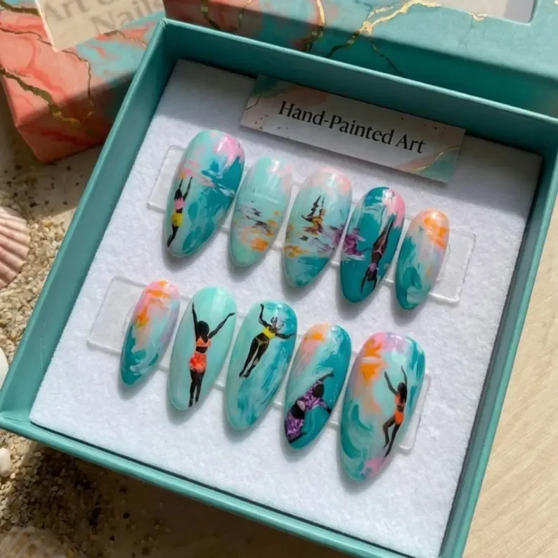 swimmer nail design, beach themed nails, press on nails, custom press on nails, fake nails, Nails Art, stained glass nails, gold press on nails, 3d press on nails, luxury press on nails, handmade press on nails