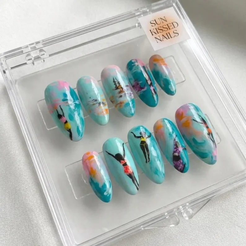 summer nail art, beach swimmer nails, press on nails, custom press on nails, fake nails, Nails Art, stained glass nails, gold press on nails, 3d press on nails, luxury press on nails, handmade press on nails