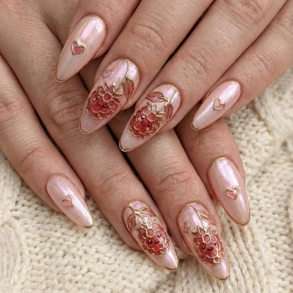 hand-painted press on nails, raspberry love nails, press on nails, custom press on nails, fake nails, Nails Art, stained glass nails, gold press on nails, 3d press on nails, luxury press on nails, handmade press on nails