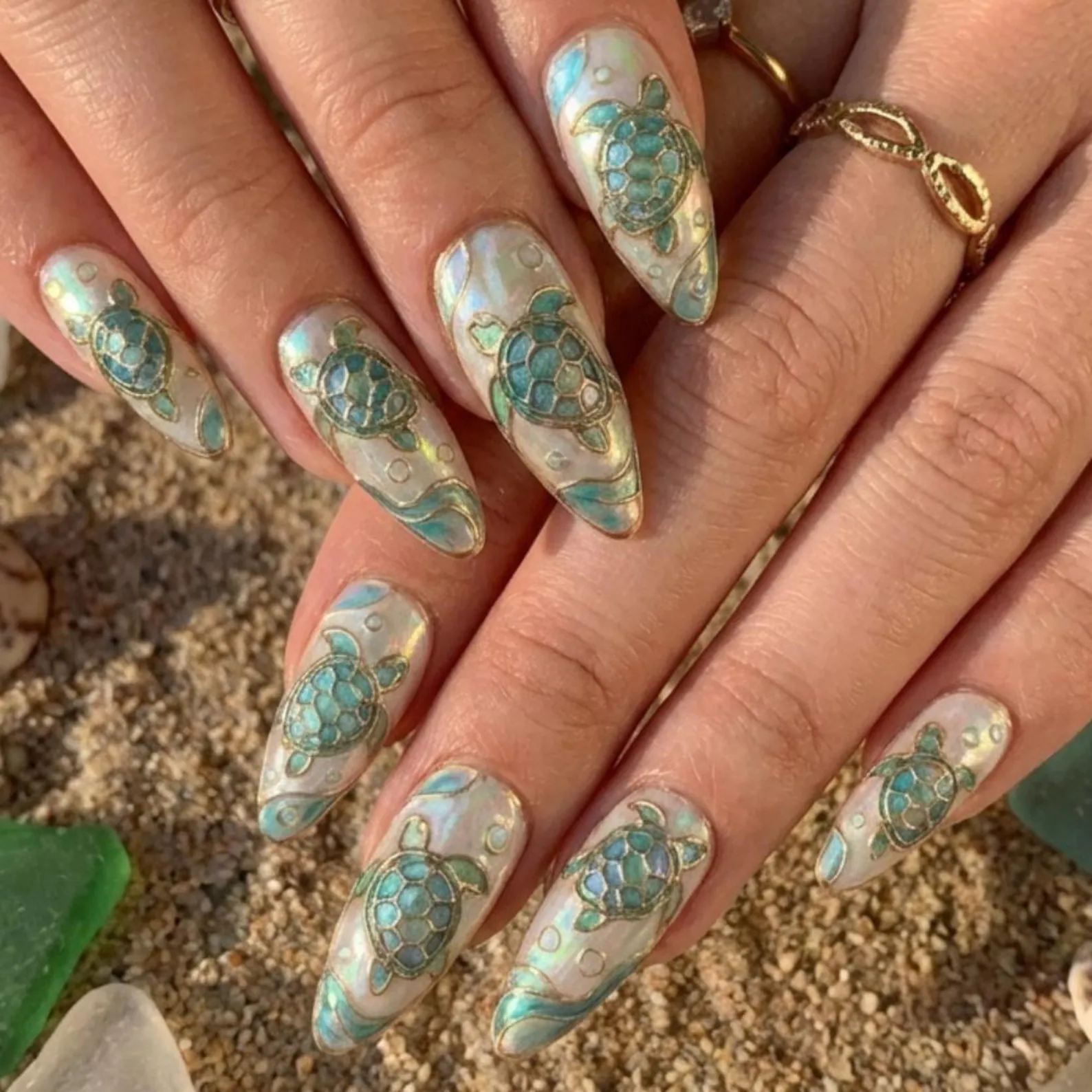 ocean art, ocean themed nails, press on nails, custom press on nails, fake nails, Nails Art, stained glass nails, gold press on nails, 3d press on nails, luxury press on nails, handmade press on nails