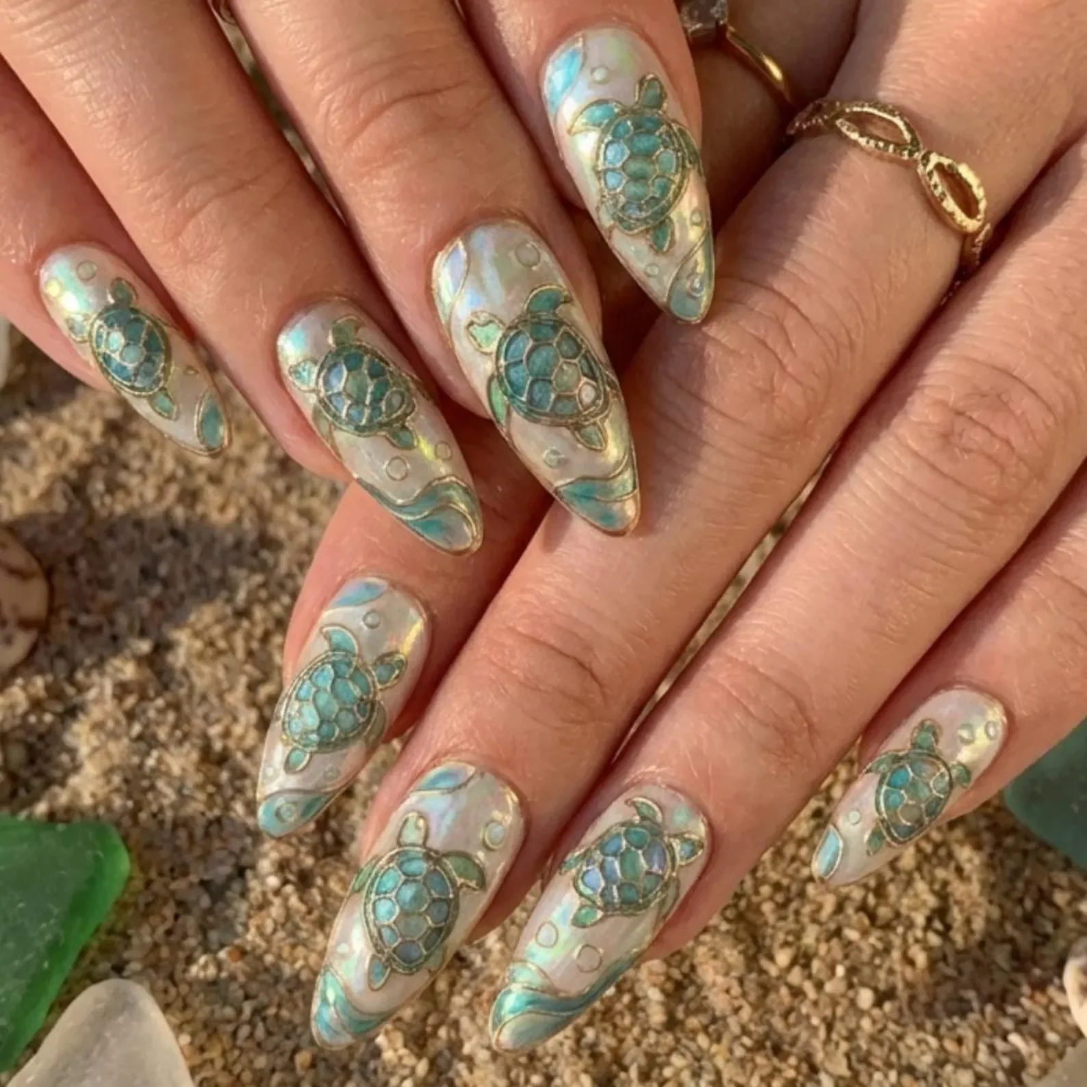 hand-painted sea turtle, press on nails, custom press on nails, fake nails, Nails Art, stained glass nails, gold press on nails, 3d press on nails, luxury press on nails, handmade press on nails