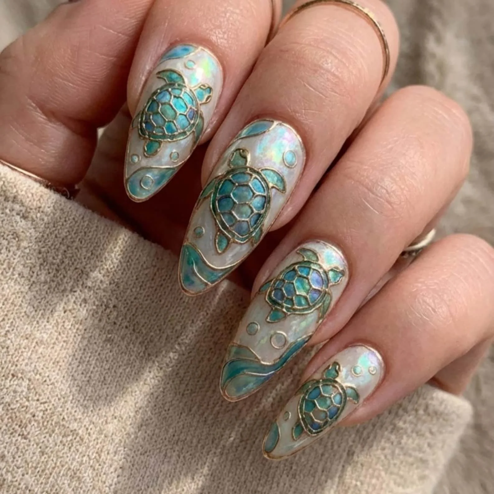 beach nail design, sea turtle manicure, press on nails, custom press on nails, fake nails, Nails Art, stained glass nails, gold press on nails, 3d press on nails, luxury press on nails, handmade press on nails