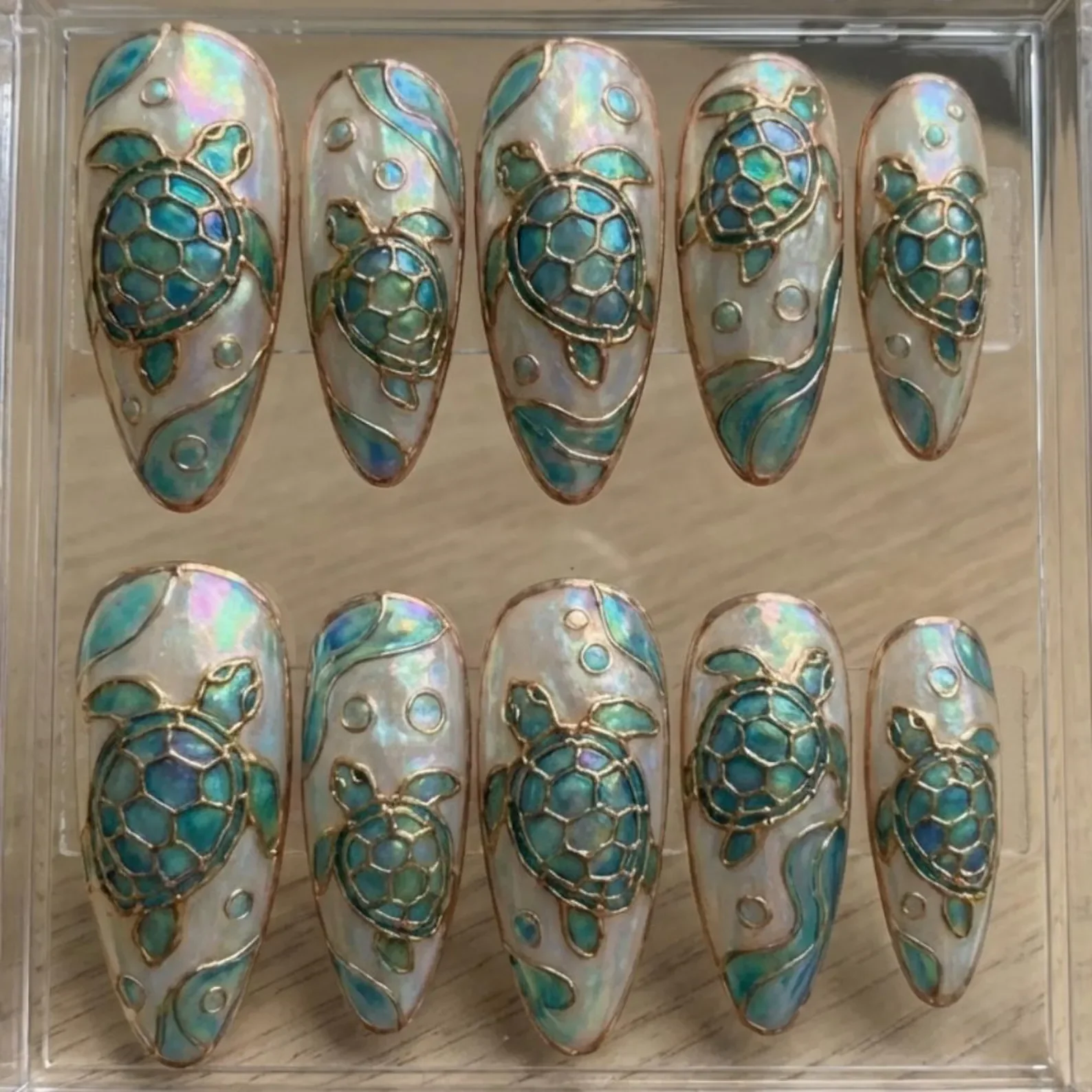 hand-painted sea turtle, press on nails, custom press on nails, fake nails, Nails Art, stained glass nails, gold press on nails, 3d press on nails, luxury press on nails, handmade press on nails