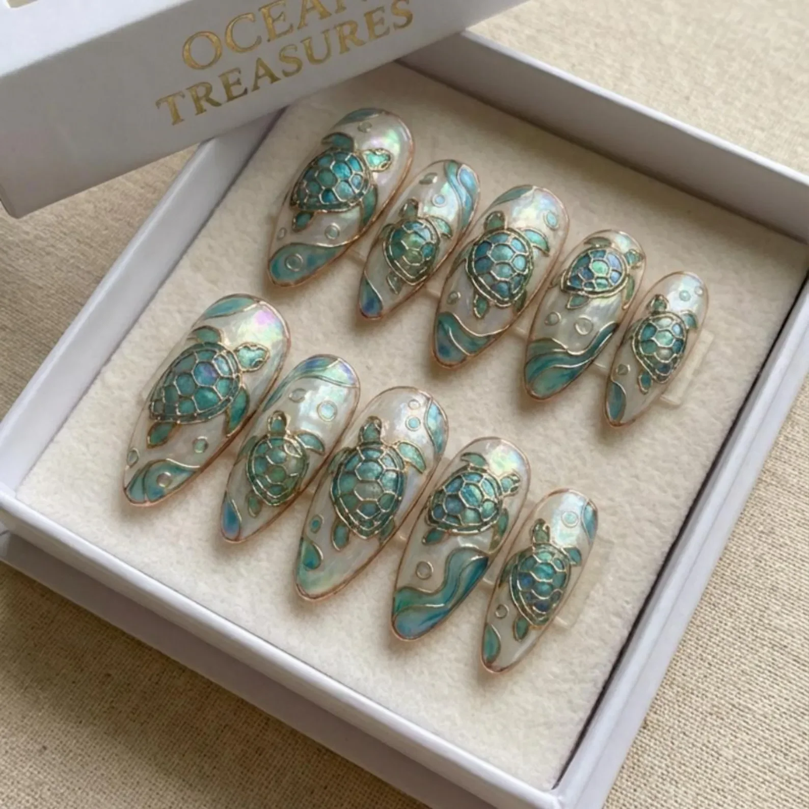 sea turtle nails, stained glass nails, press on nails, custom press on nails, fake nails, Nails Art, gold press on nails, 3d press on nails, luxury press on nails, handmade press on nails